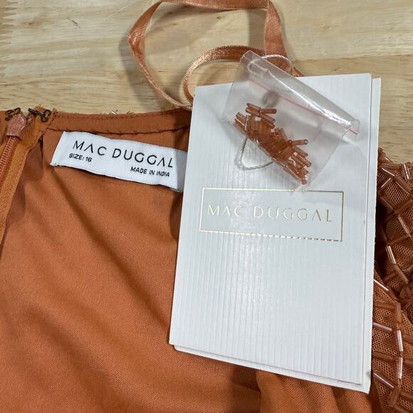 Mac Duggal NWT Copper Beaded Wrap Over Puff Sleeve Dress Rhinestone Waist Sz 16 - Picture 5 of 10